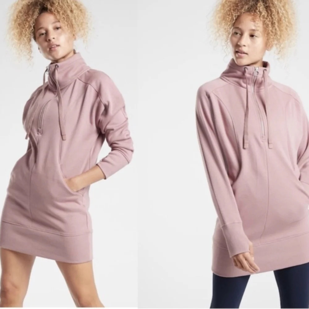 ATHLETA sz S Cozy Karma 1/4 Zip Sweater Dress Tunic  Fleece Lined Floral Mauve - Picture 4 of 16